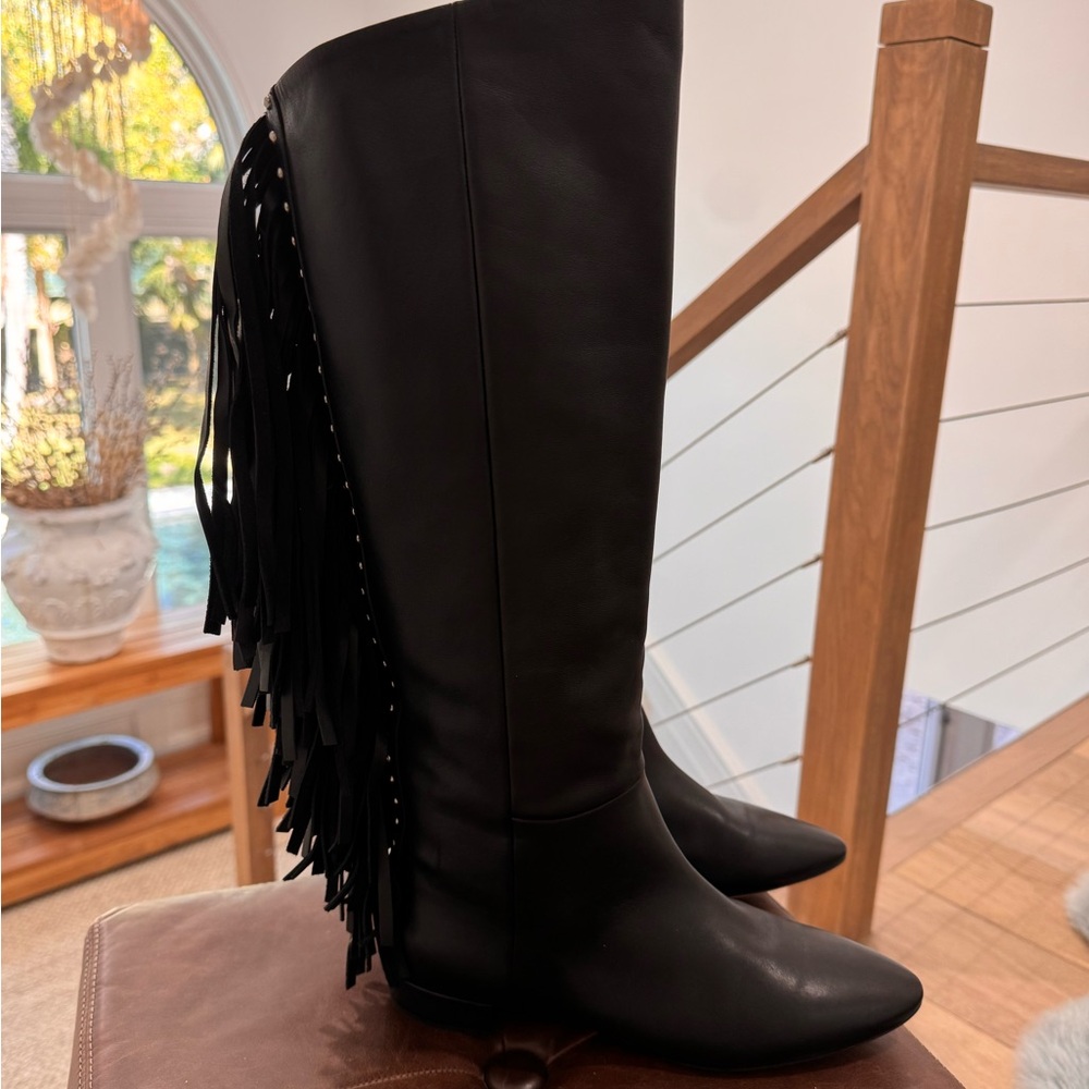 Saint Laurent Black Fringe Knee-High Boots